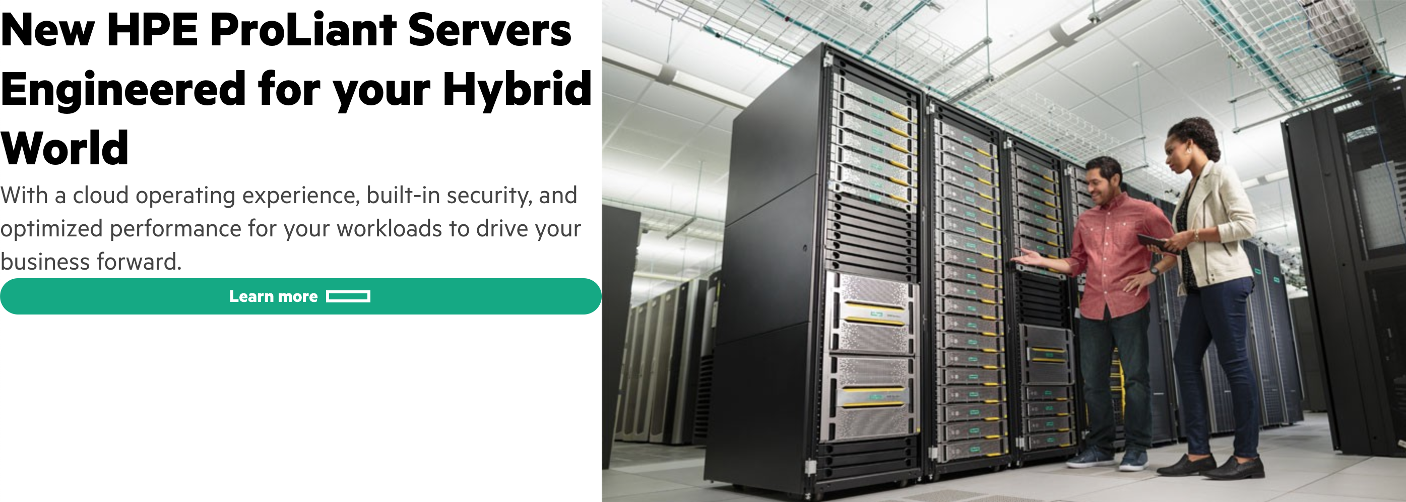 Hero section with a heading, paragraph, button, and image of two IT professionals inspecting a server rack.